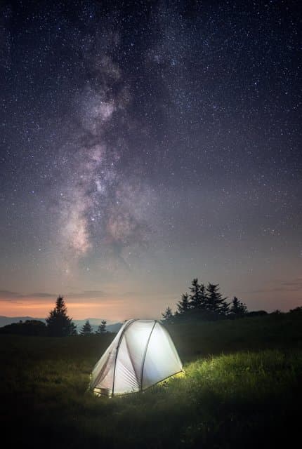 Tent at night in campground in Asheville