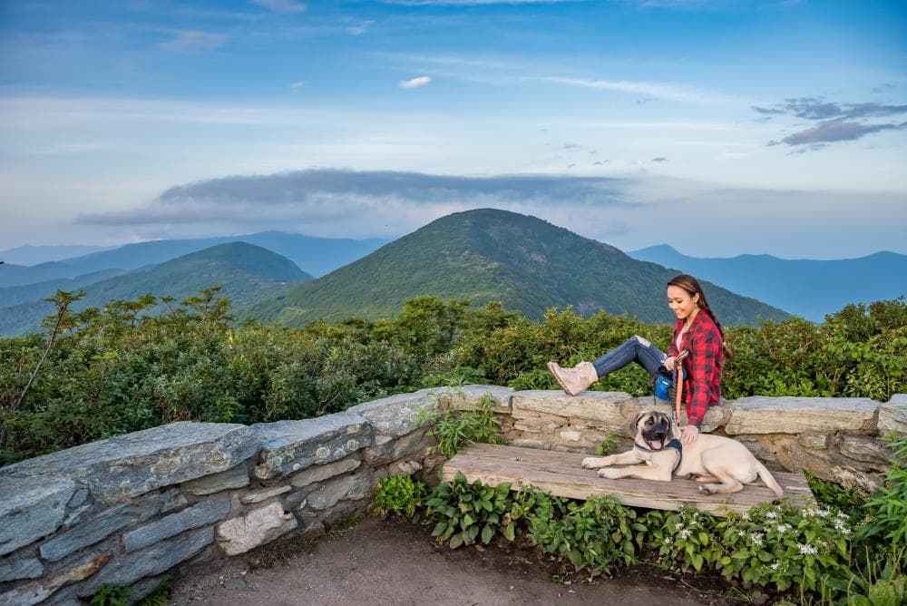 A young woman sits with her dog at Craggy Gardens Pinnacle near Asheville, NC A young woman sits with her dog at Craggy Gardens Pinnacle near Asheville, NC