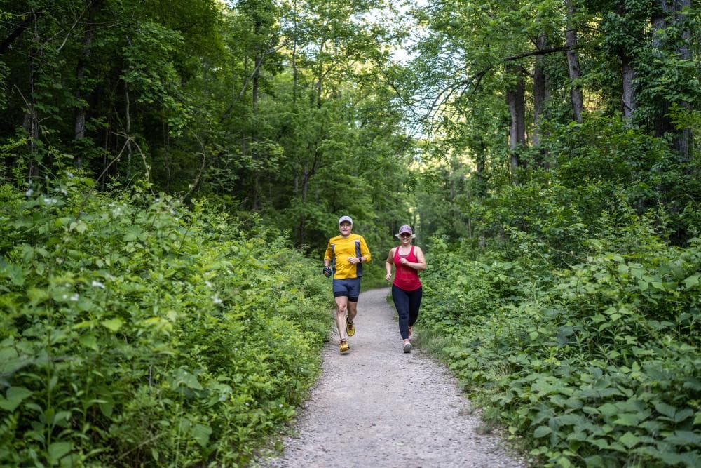 Couple trail running in Bent Creek Experimental Forest Couple trail running in Bent Creek Experimental Forest