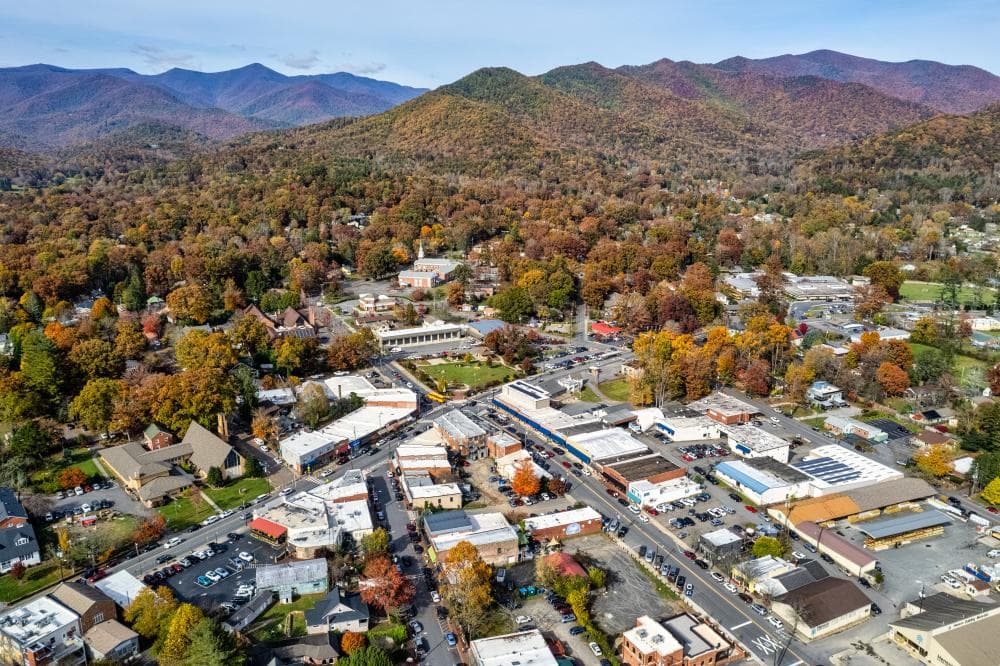 Aerial view of town of Black Mountain, NC during the fall Aerial view of town of Black Mountain, NC during the fall