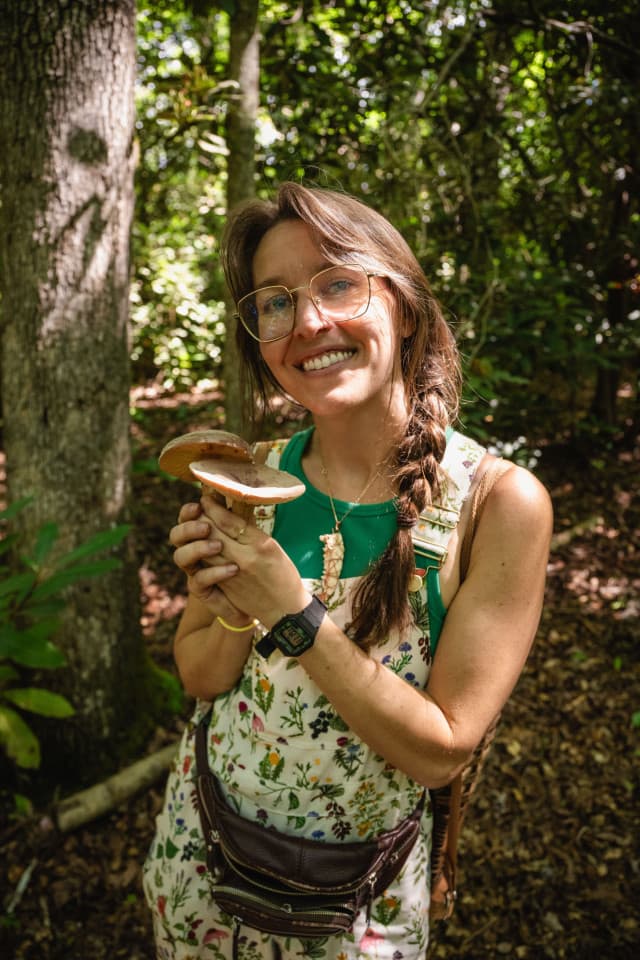 Founder and Owner, Bek Jopling, with two milkcap mushrooms. (Photo by Fiasco Media) Founder and Owner, Bek Jopling, with two milkcap mushrooms. (Photo by Fiasco Media)