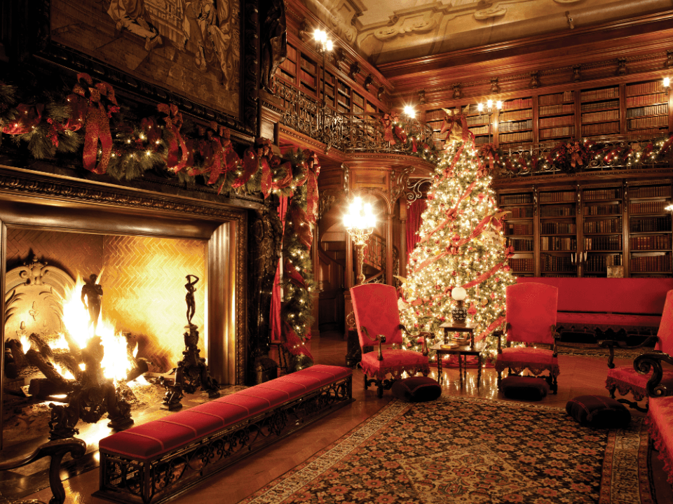 Decorated Christmas tree and fireplace in Biltmore House library during Candlelight Christmas Evenings, Asheville NC Decorated Christmas tree and fireplace in Biltmore House library during Candlelight Christmas Evenings, Asheville NC