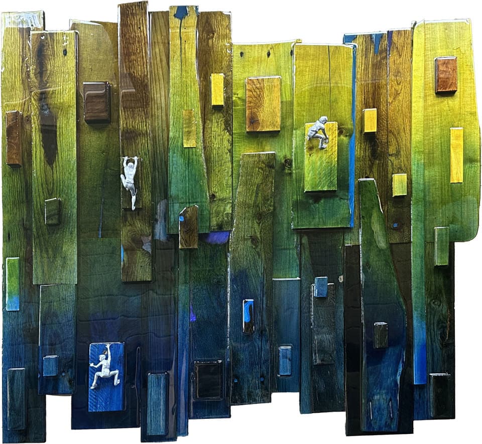 Hand-dyed reclaimed wood, resin, and sculpted figures. 36 x 36 Hand-dyed reclaimed wood, resin, and sculpted figures. 36 x 36