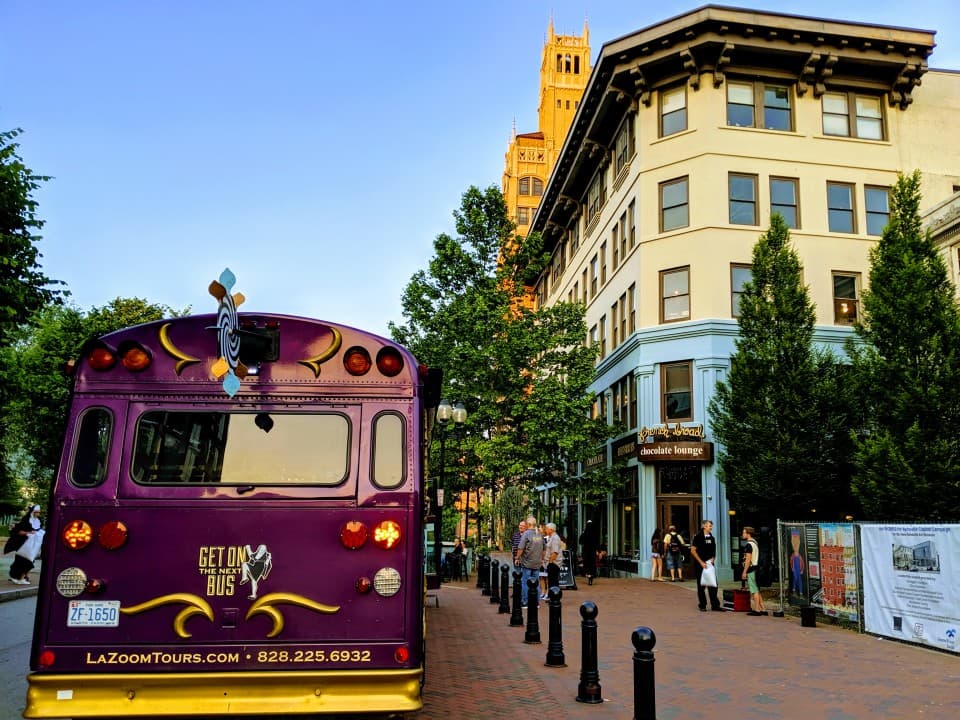 Purple LaZoom Tour bus in downtown Asheville Purple LaZoom Tour bus in downtown Asheville