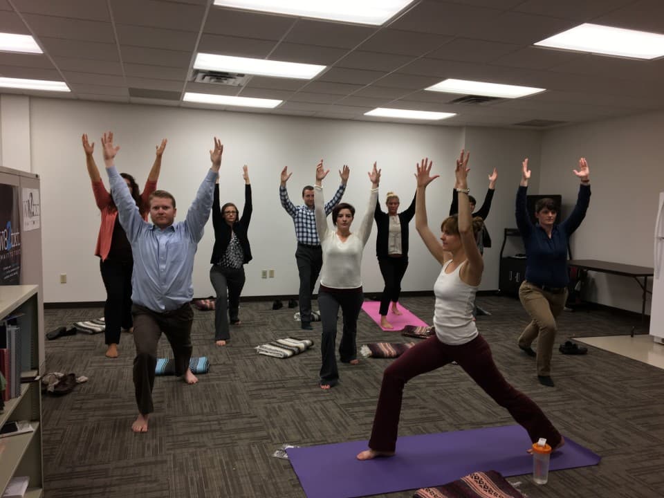 Group yoga for a work event in Asheville, North Carolina. Sessions include guided practice, mats, music and props were applicable. Options include: chair yoga, standing stretch and mat yoga. Group yoga for a work event in Asheville, North Carolina. Sessions include guided practice, mats, music and props were applicable. Options include: chair yoga, standing stretch and mat yoga.