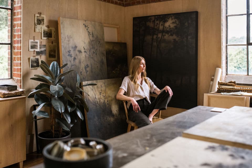 Charcoal artist, Linsey Gray, in her working studio Charcoal artist, Linsey Gray, in her working studio
