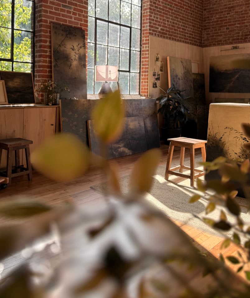 Charcoal artist, Linsey Gray's, working studio in the historic Asheville Cotton Mill Charcoal artist, Linsey Gray's, working studio in the historic Asheville Cotton Mill