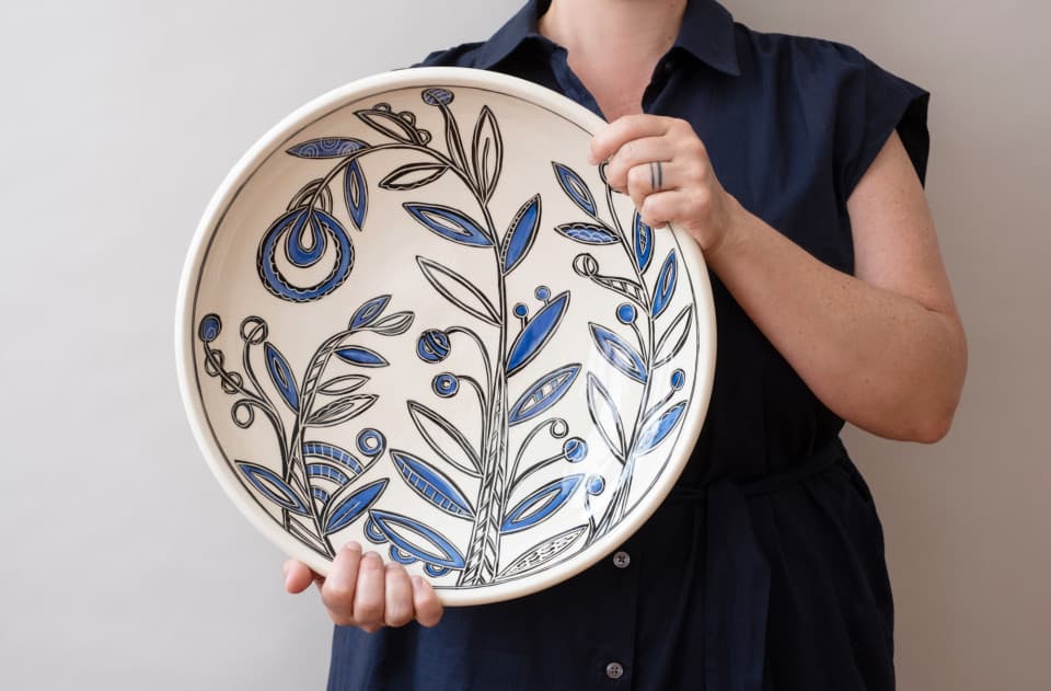 Handmade Serving Platter in Blue Vine. Wheel-thrown and decorated using black and blue underglazes. Fired to Cone 6 Handmade Serving Platter in Blue Vine. Wheel-thrown and decorated using black and blue underglazes. Fired to Cone 6