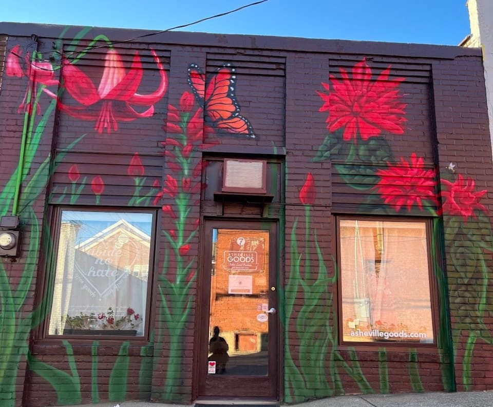 Mural on front of Asheville Goods at 7 Brevard Road. Mural on front of Asheville Goods at 7 Brevard Road.