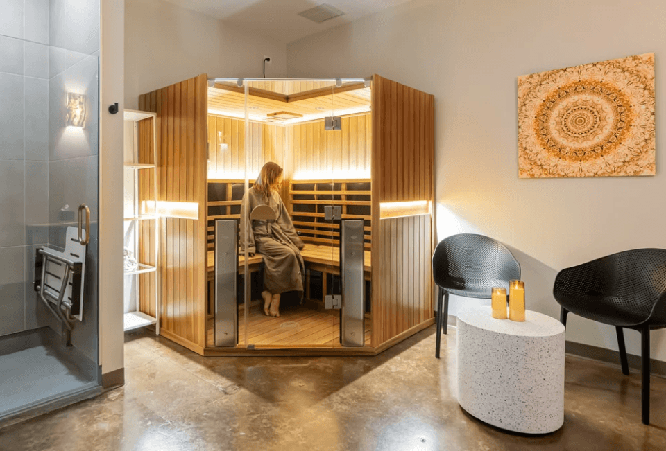A perfect complement to Saltwater Floatation and Esalen Massage, our private far infrared dry sauna will deepen and enhance your wellness journey. Each session includes an hour in our private sauna suite with a spacious far infrared sauna, a private shower (perfect for contrast therapy), a seating area for taking breaks, robes, and luxurious Turkish towels. A perfect complement to Saltwater Floatation and Esalen Massage, our private far infrared dry sauna will deepen and enhance your wellness journey. Each session includes an hour in our private sauna suite with a spacious far infrared sauna, a private shower (perfect for contrast therapy), a seating area for taking breaks, robes, and luxurious Turkish towels.