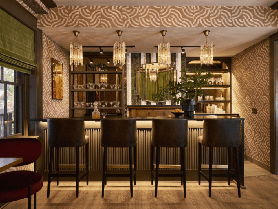 1920s themed pink and green bar with brown high top chairs 1920s themed pink and green bar with brown high top chairs