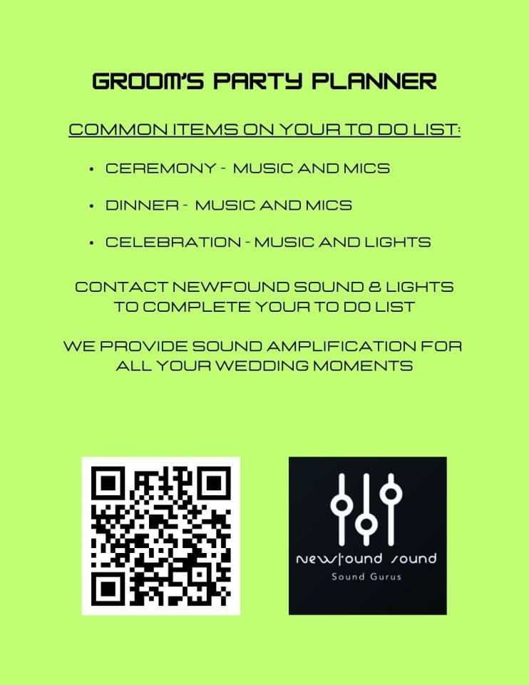 Newfound Sound and Lights party planner to do list w/QR code and green background Newfound Sound and Lights party planner to do list w/QR code and green background
