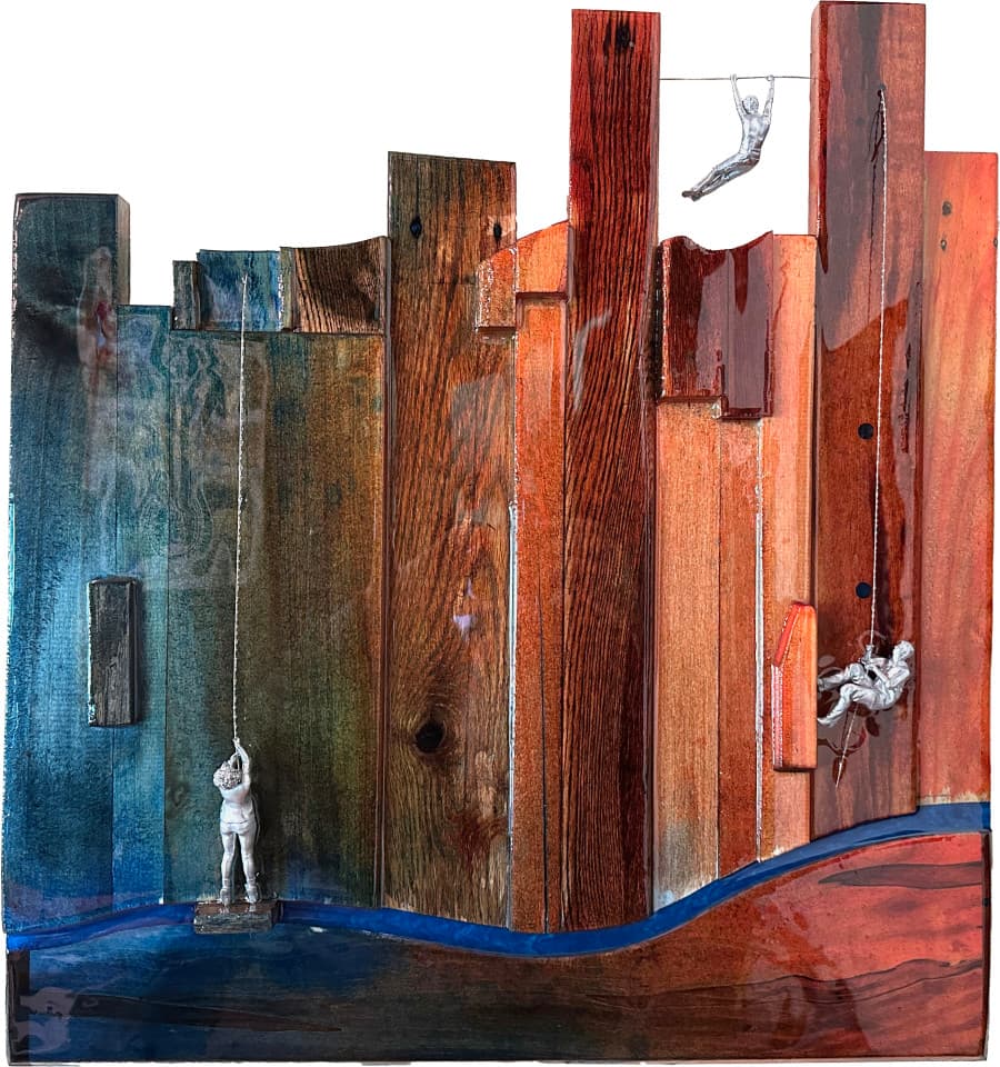 Hand-dyed reclaimed wood, resin, guitar strings, and sculpted figures. 24 x 25 Hand-dyed reclaimed wood, resin, guitar strings, and sculpted figures. 24 x 25