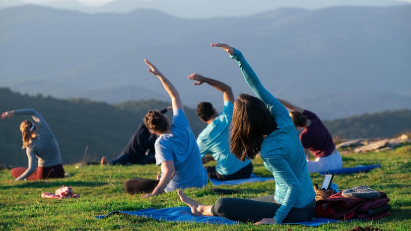 A view from behind of a group of people doing yoga in a green meadow in Asheville