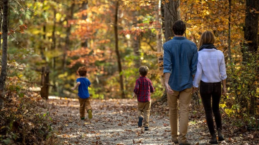 A family walks on a path surrounded by fall leaves in Asheville